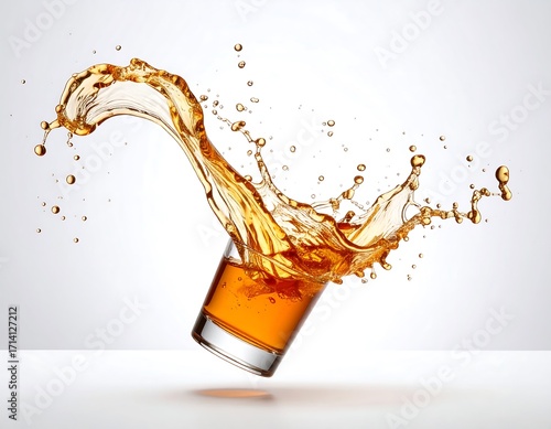 Dynamic Amber Liquid Splash Frozen in Mid Air Over a Glass