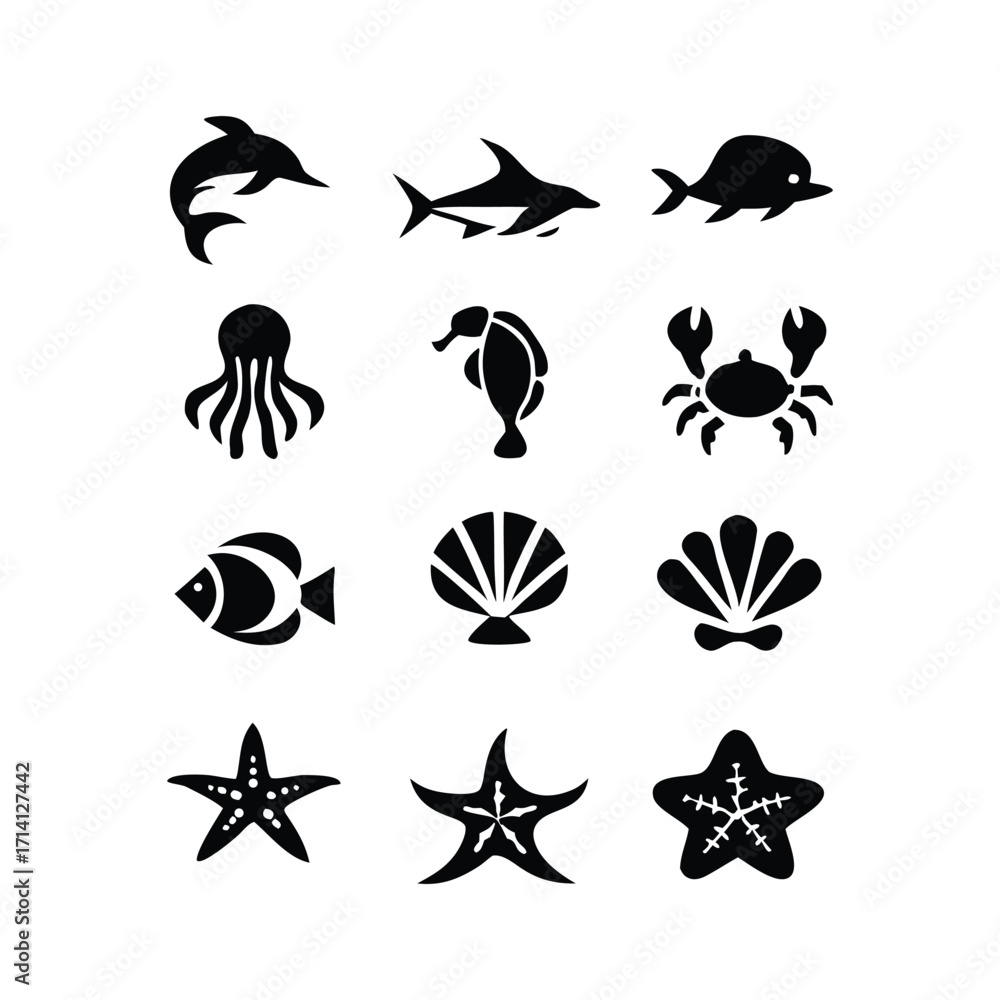Fototapeta premium Collection of diverse marine animal silhouettes featuring ocean life and underwater creatures perfect for nautical designs and aquatic themes silhouette