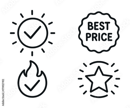 Checkmark sun, best price label, fire check, starburst icons collection
