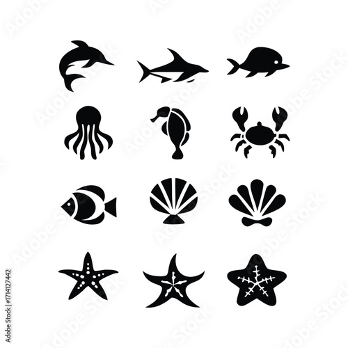 Collection of diverse marine animal silhouettes featuring ocean life and underwater creatures perfect for nautical designs and aquatic themes silhouette