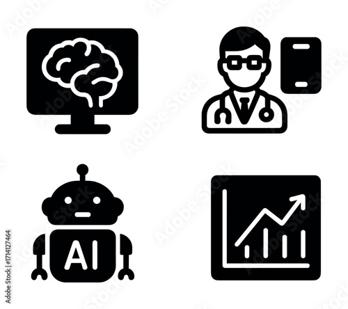 Ai brain technology and healthcare solutions with robotics and data analytics icons