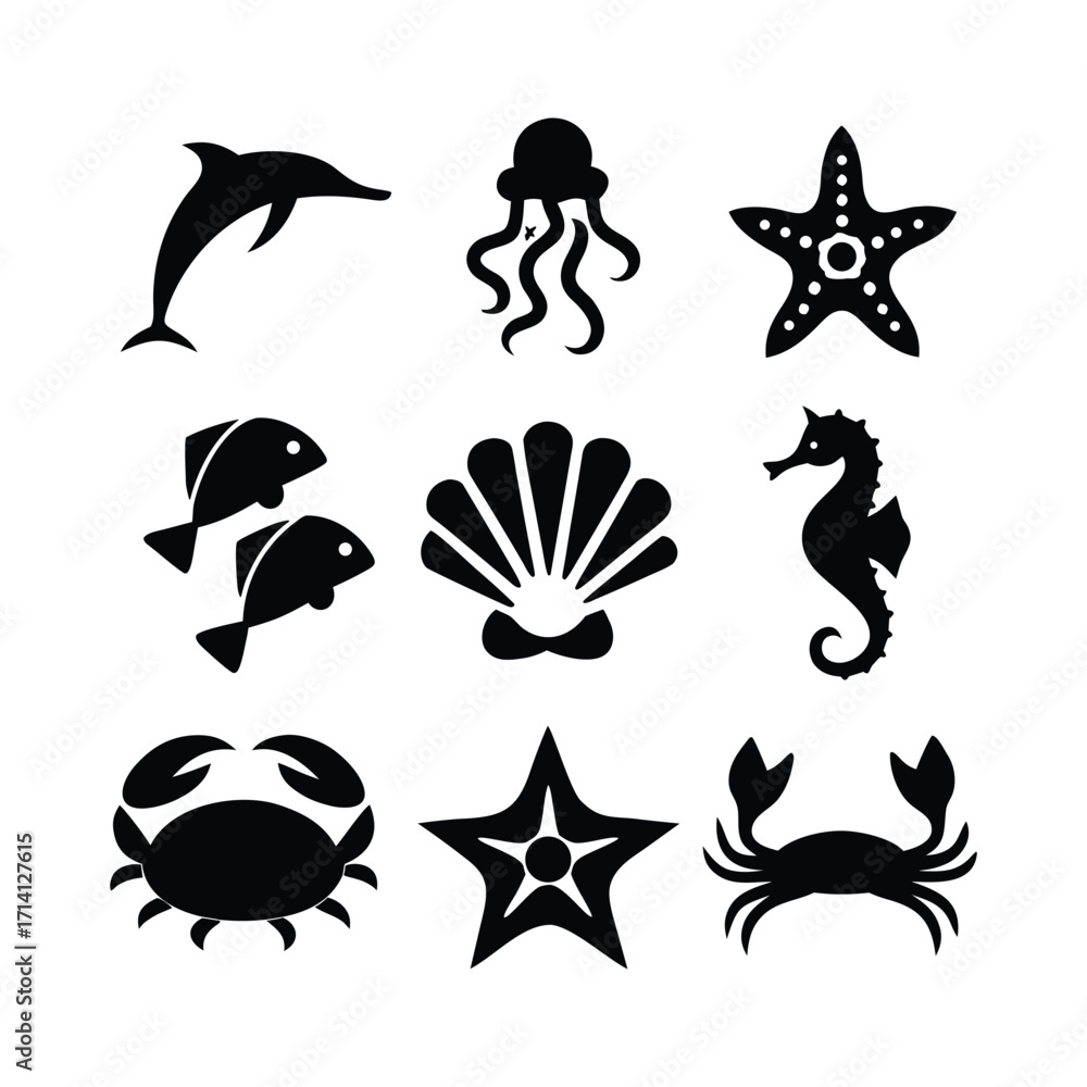 Fototapeta premium Collection of diverse marine animal silhouettes for aquatic themed designs and ocean life illustrations silhouette