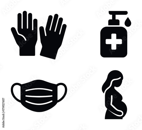 Pandemic safety symbols: gloves, hand sanitizer, mask, pregnant woman icon