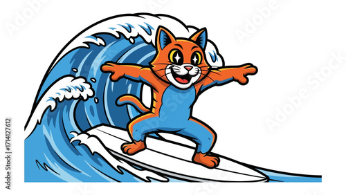 Cat Surfing the Wave: A cartoon image captures a joyful cat expertly surfing atop a towering ocean wave, embodying adventure and carefree spirit. 