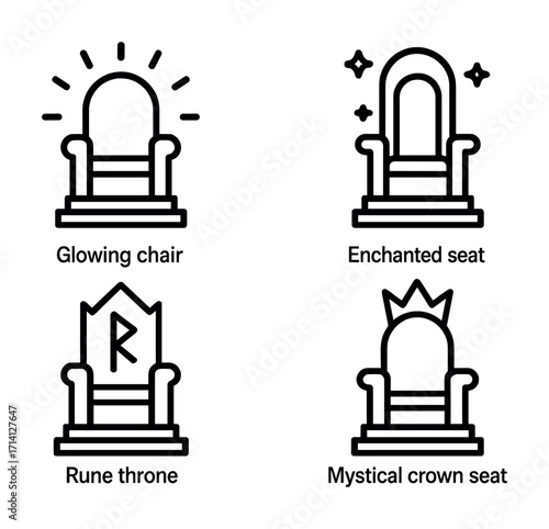 Icon set of glowing chair, enchanted seat, rune throne, and mystical crown seat