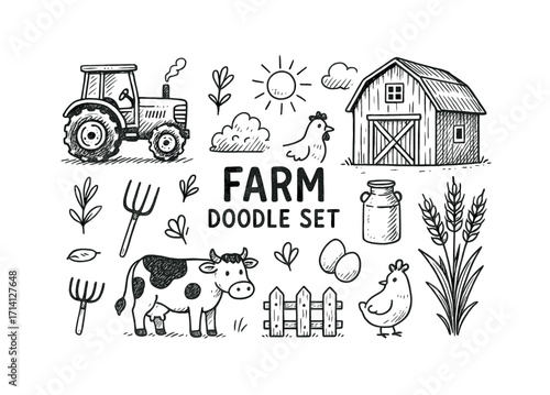 Hand-drawn farm doodle set with tractor, barn, animals, and plants