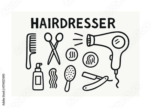 Hairdresser tools: comb, scissors, hairdryer, razor, hairbrush, spray bottle line art