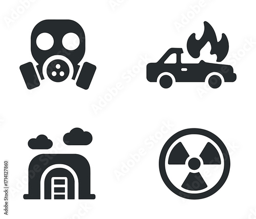 Gas mask, burning car, bunker, and radiation symbols indicating danger and hazard