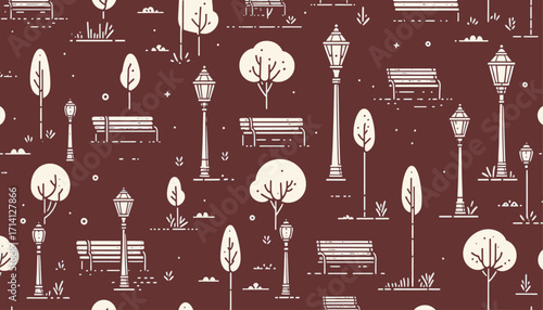 lamppost, bench and tree vector seamless pattern background