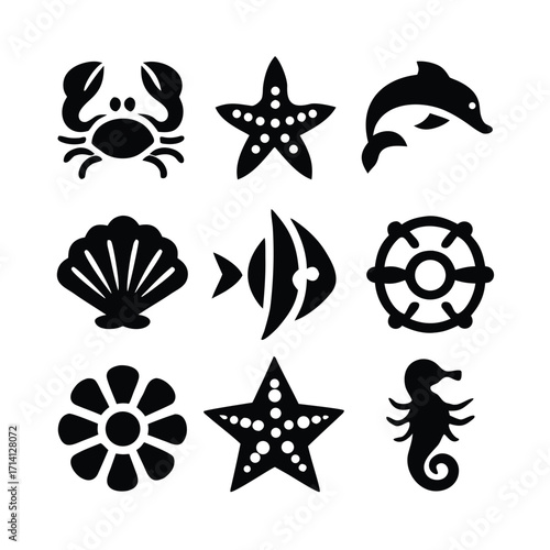 Collection of diverse marine animal silhouettes for aquatic themed designs and ocean life illustrations silhouette