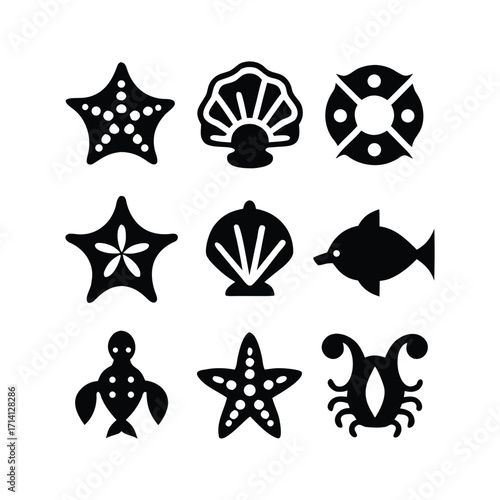Collection of diverse marine animal silhouettes for aquatic themed designs and ocean life illustrations
