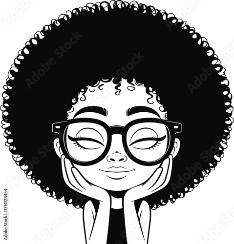 Cute girl with big curly hair and glasses, smiling cartoon portrait vector, happy afro hairstyle illustration, stylish child drawing.