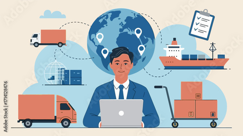 Illustration of global logistics with man laptop and transport