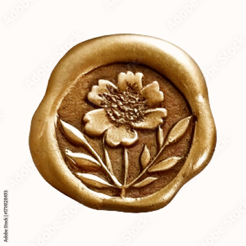 Golden wax seal with embossed flower in halftone texture. Modern retro effect ideal for wedding stationery, branding, mixed media collage, digital scrapbooking and vintage design.