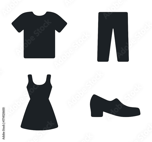 Minimalist icons of clothing and footwear: t-shirt, pants, dress, shoe