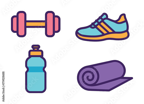 Colorful fitness icons featuring dumbbell, shoe, water bottle, and yoga mat