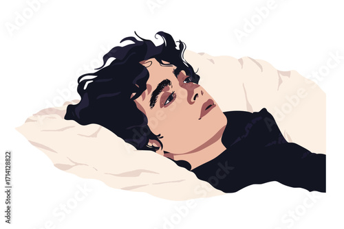 Insomnia person lying in bed with open eyes stress isolated