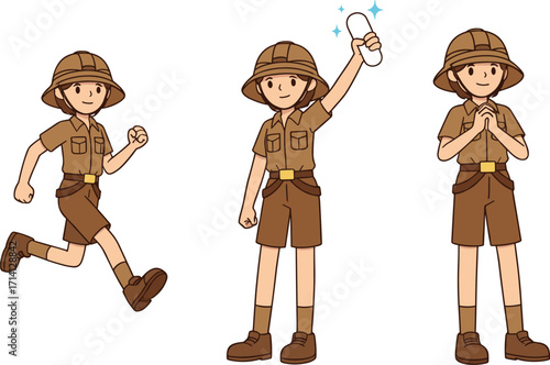 Boy scout cartoon character illustration in uniform, running, holding object, standing with smile, outdoor adventure, education, camping, scouting, activity design