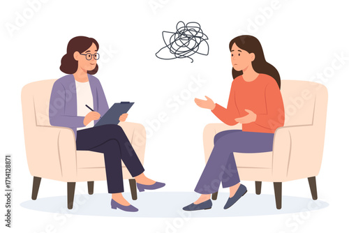
Psychology therapy counseling. Psychologist talking with patient. Woman with stress, depression or mental problem.Vector illustration