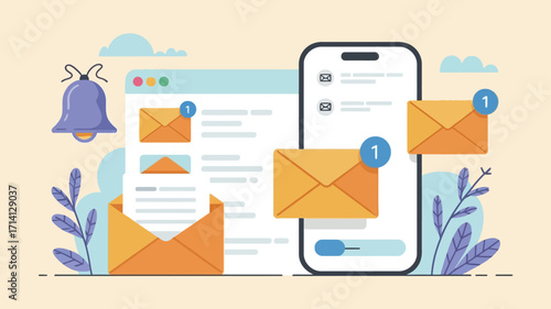 Illustration showing new email notifications on phone and computer