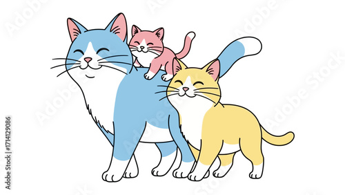 Family Cat: A heartwarming illustration depicts a close-knit cat family, each with unique colors and expressions of love and unity. They represent the warmth of a family.
