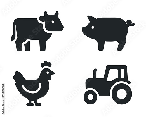 Silhouette icons of farm animals and tractor