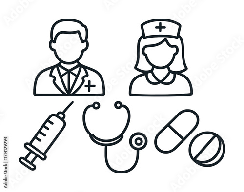 Male and female medical professionals with medical equipment icons