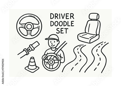 Driving doodle set: steering wheel, seat, roads, and male driver cartoon