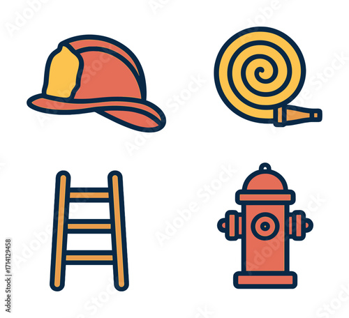 Firefighting equipment icons: helmet, hose, ladder, hydrant illustration