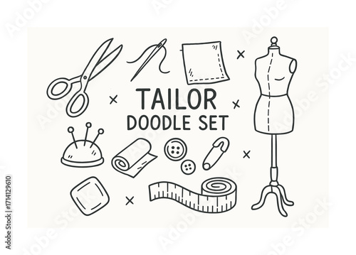 Tailor doodle set with sewing tools and mannequin sketch
