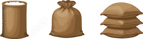 Brown sacks with rice, grain storage bags, food packaging, agricultural supply, farm products, natural material, vector illustration, eco friendly design