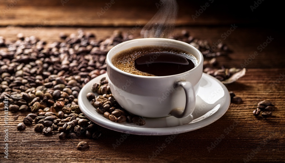 Obraz premium Hot Cup Of Coffee With Coffee Beans Over Dark Wood