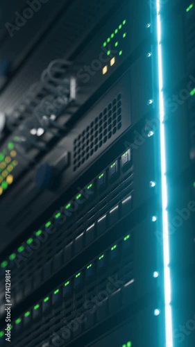 Data Center Technology Illuminated by Blue Lights and Surrounded by Sleek Server Racks
