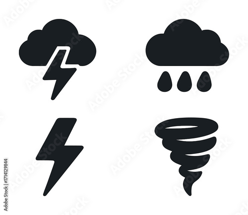 Weather symbols: thunderstorm, rain, lightning, tornado icons in black