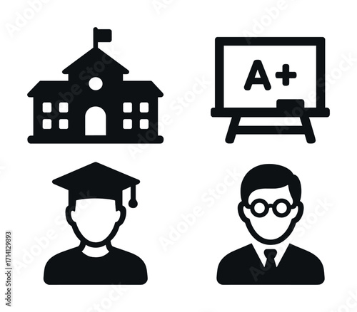 Educational icons: school, classroom, student, teacher