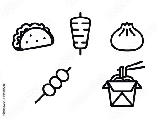 Icon set of global street food: taco, shawarma, dumpling, skewer, noodles