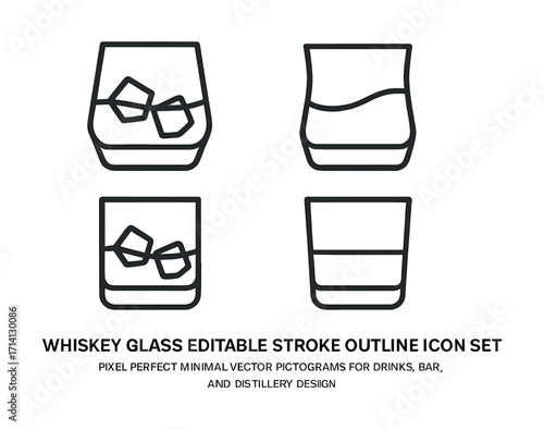 Set of whiskey glass outline icons with ice cubes for drinks and bar design