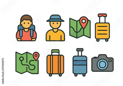 Colorful travel icons with backpacker and tourist elements