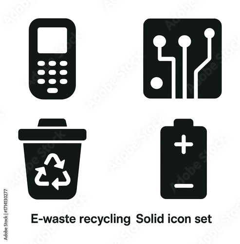 E-waste recycling icons: mobile, circuit, bin, battery