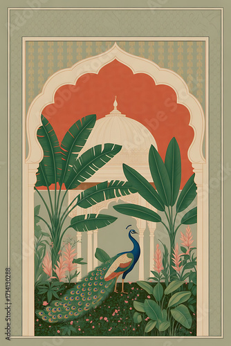 Mughal pichwai arch garden with bird, plant, lotus illustration frame