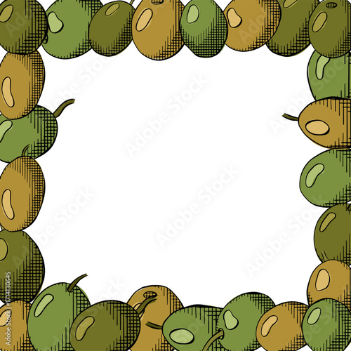Olive berry square template. Vector graphic line ink colored illustration. Mediterranean botanical design for package Banner, poster, wrapping paper, sticker, print, modern textile design.