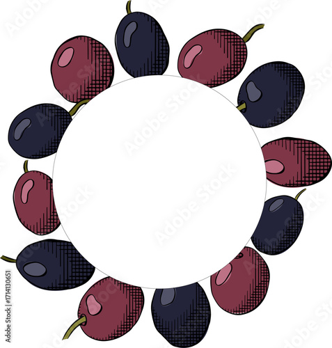Olive black berry circle square template. Vector graphic line ink colored illustration. Silhouette sign for logo, print, comics, fashion, pop art, boards, design, stickers, decoration, posters