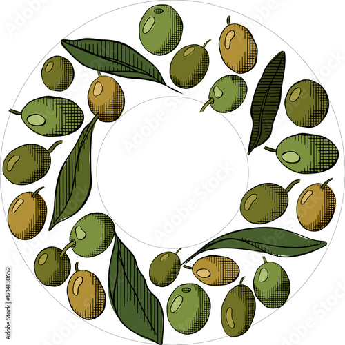 Olive green berry and leaves circle round frame template. Vector graphic line ink colored illustration. Healthy food, natural organic cosmetics for invitation, label, advertisement, packaging.