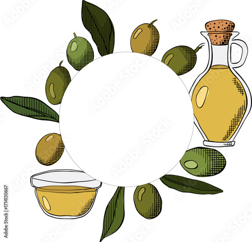Olive oil, green berry and leaves circle round frame template. Vector graphic line ink colored illustration. Leaves and berry round frame. Extra virgin olive oil emblem, logo.