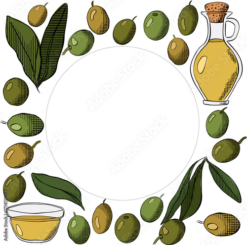 Olive oil, green berry and leaves square circle round frame template. Vector graphic line ink colored illustration. Banner, poster, wrapping paper, sticker, print, modern textile design.