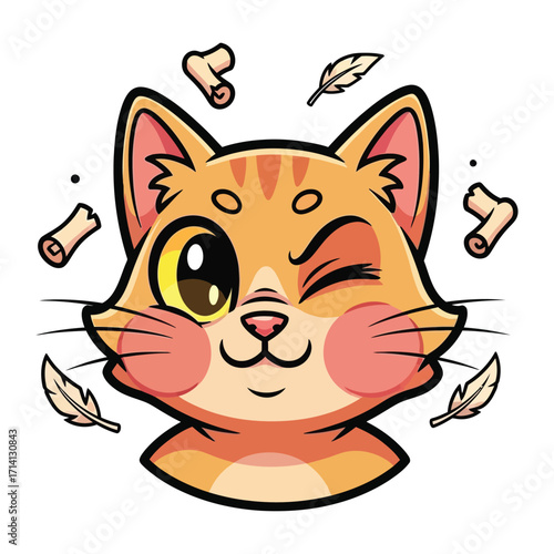 Playful Feline's Wink: An endearing cartoon cat, with a charming wink, is depicted in a whimsical illustration. Soft textures and vibrant colors bring this cheerful character to life.