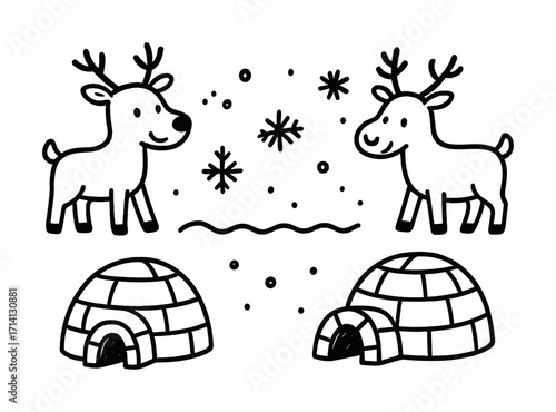 Cartoon reindeer with igloos and snowflakes in winter scene