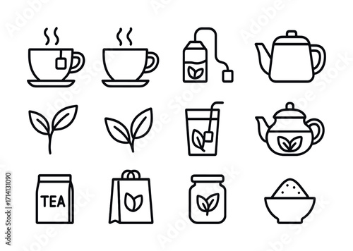 Minimalist tea icons set featuring cups, teapots, and leaves