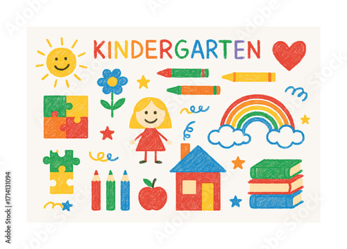 Colorful kindergarten drawing with happy symbols and playful elements
