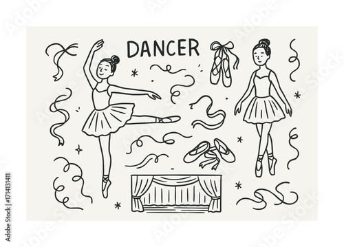 Young caucasian female ballet dancer illustration with ribbons and pointe shoes